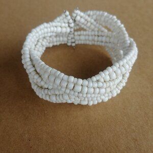 4/$20 White braided woven beaded cuff bracelet shell look